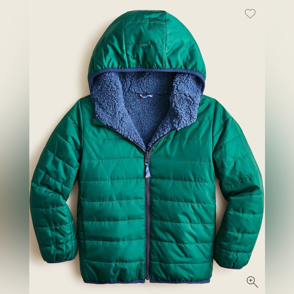 J.Crew Crewcuts Reversible Sherpa Puffer Jacket Pine Green and Blue Size XS